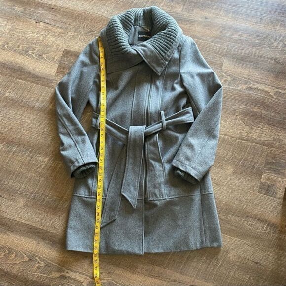 Express Coat Grey Midi Length Sweater Collar Asymmetrical Classy Medium - Picture 9 of 13